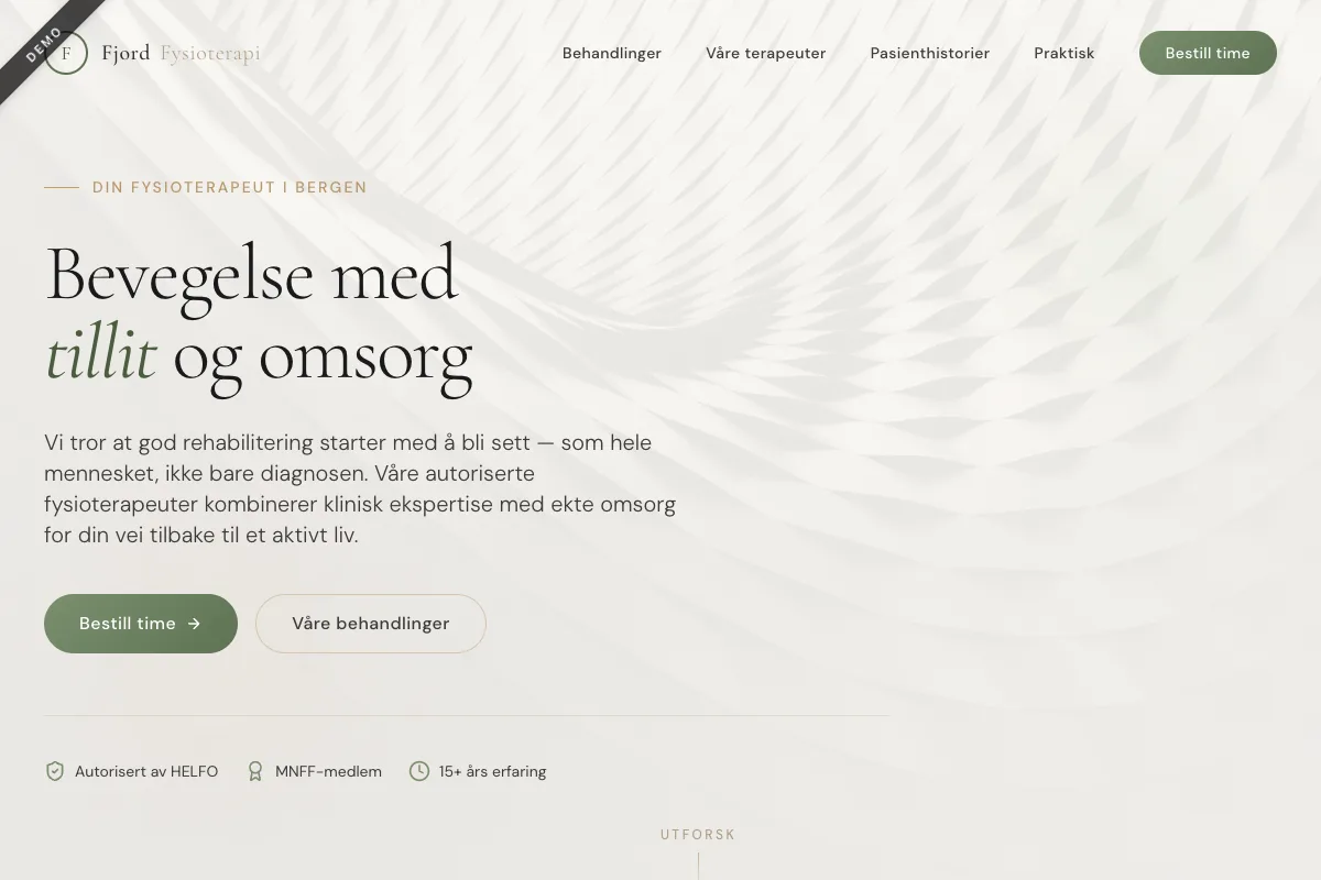 Skjermbilete av fysioterapi-demoside