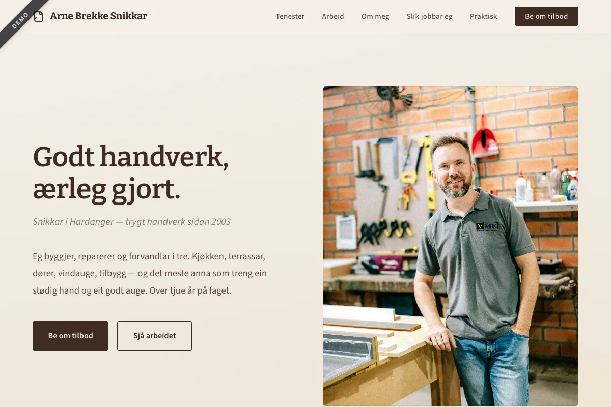 Skjermbilete av handverkar-demoside